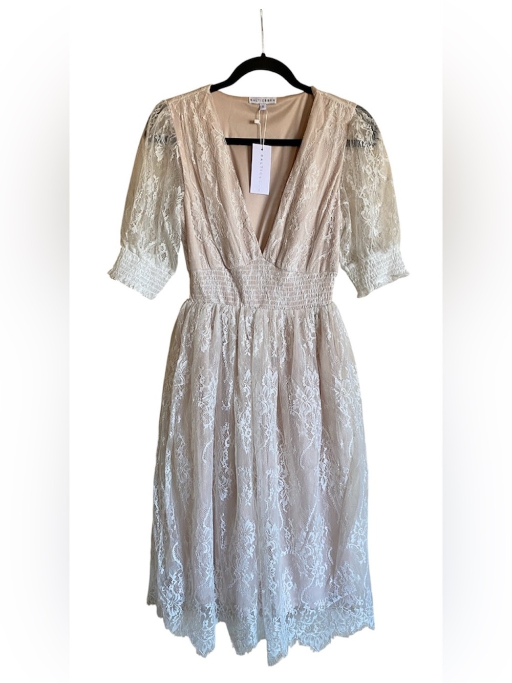 Womens BALTIC BORN Off White Elaina Lace V-Neck Midi Dress S NWT